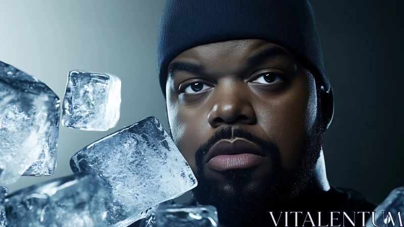 Portrait of man in dark beanie with surrounding ice cubes.