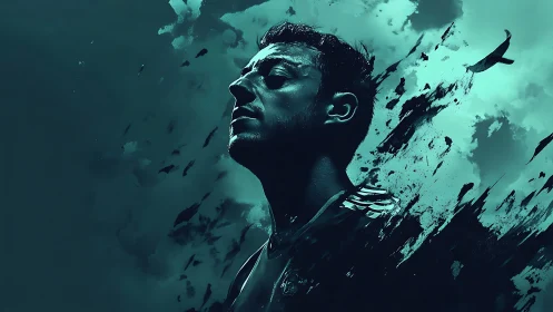 Profile portrait of male athlete dissolving into teal clouds