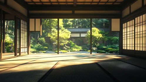 Sunlit tatami hall opening onto a whisper-soft zen garden.