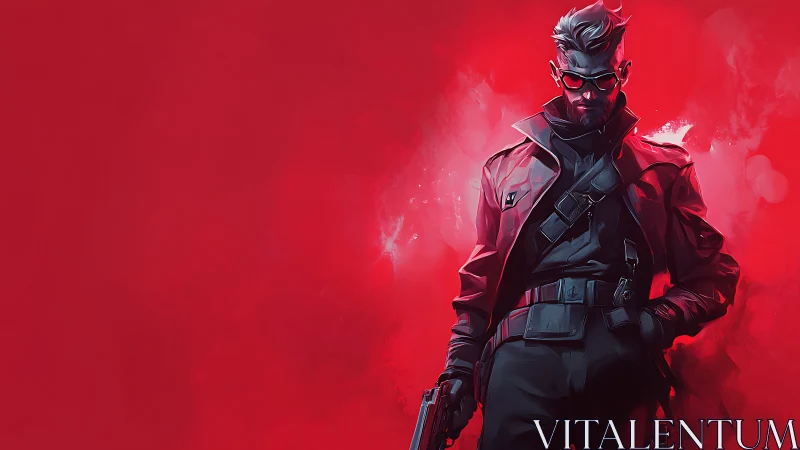 Cyberpunk enforcer stalks neon red battlefield backdrop.