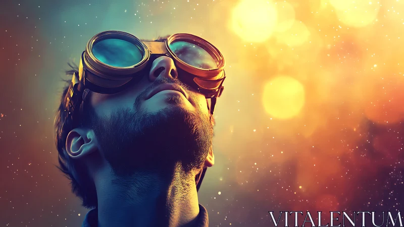 Chromatic portrait of goggled dreamer in luminous bokeh field.