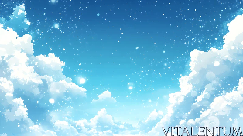 Sunlit cumulus clouds beneath sparkling azure sky.