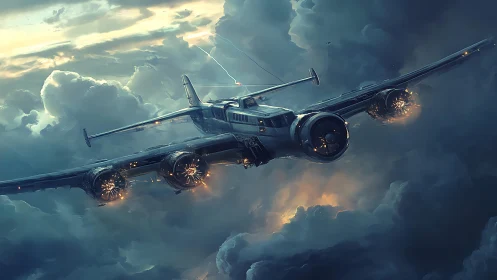 Storm-kissed warplane claws through electric twilight clouds