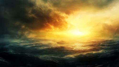 Storm lit ocean horizon under blazing golden sunrise sky