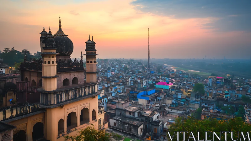 Historic domed palace above dense Indian cityscape at dusk.