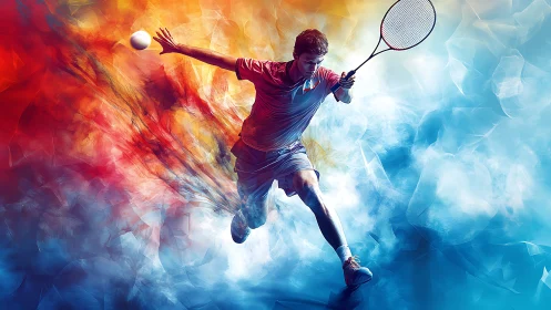 Dynamic tennis player leaps through fiery blue energy.