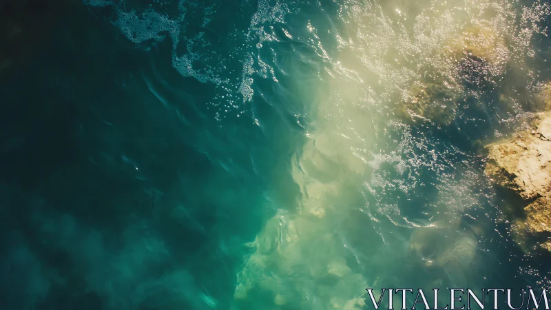 Sunlit turquoise shore with foaming waves and rock edge.