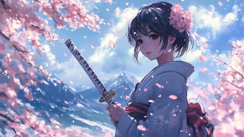 Kimono girl with katana among spring cherry blossoms.