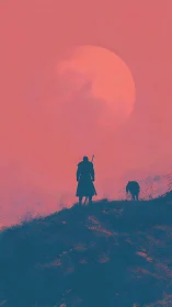 Lone cloaked wanderer and dog cross ridge under vast sun