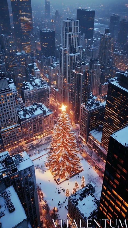 Skyline snowfall crowns a glowing city Christmas colossus.