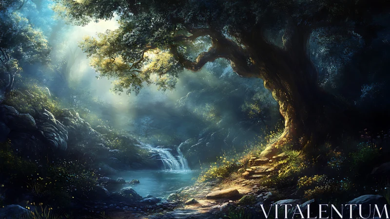 Mystical Cavern with Waterfall and Golden Light.