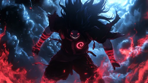 Dark anime warrior emerging through fire and storm clouds.