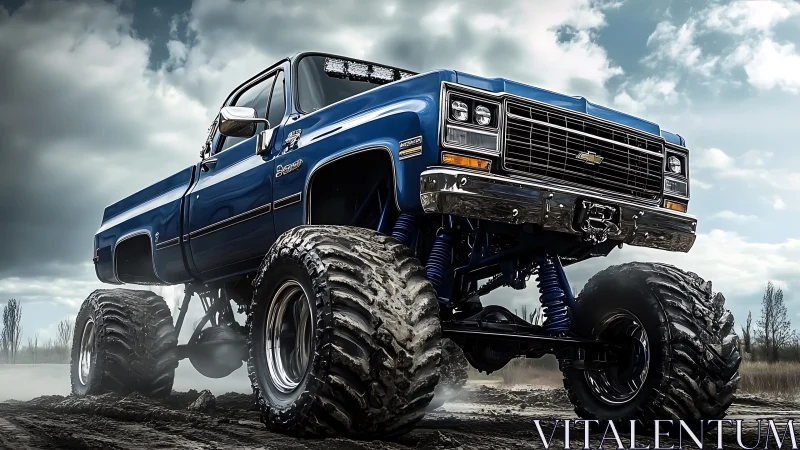 Lifted blue Chevy monster truck on muddy off-road trail.