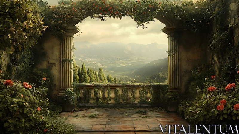 Stone terrace arch framing distant valley and mountains.