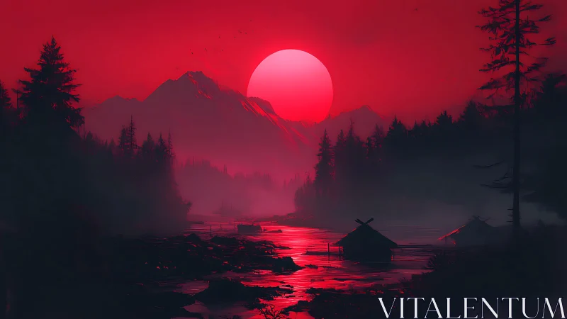 Monochromatic crimson river valley under oversized solar disc