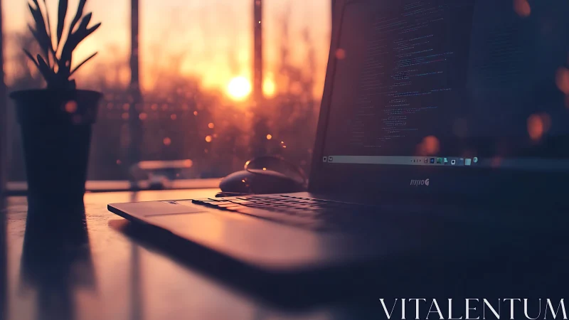 Sunset code glow over a quiet laptop workspace window.