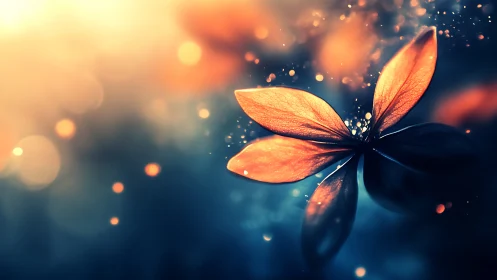 Macro digital flower with orange petals on blue bokeh field.