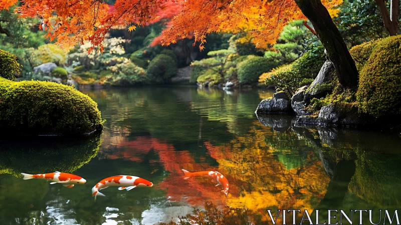 Koi fish in reflective pond beneath autumn maple canopy.