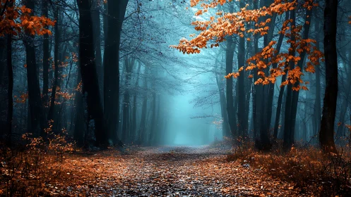 Misty Forest Passage Between Dark Trees and Golden Foliage.