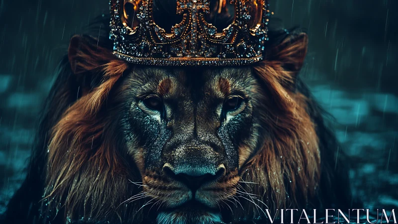 Crowned lion emerges through stormlit rain, gaze unbroken.