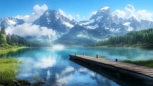 Quiet wooden pier reaching over a glassy alpine lake view.