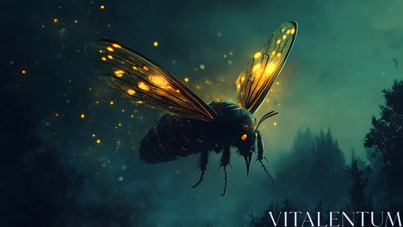 Giant firefly glows above misty forest twilight sky