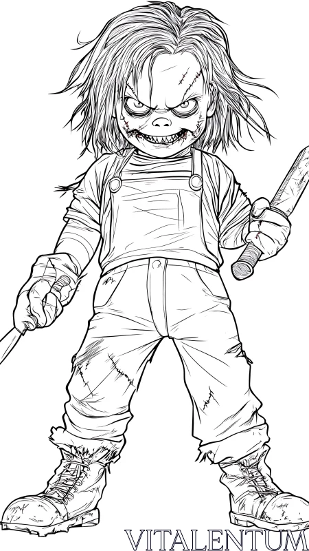 Sinister stitched doll brandishes twin knives in line art.