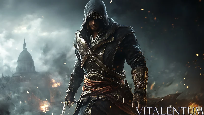 Hooded rogue warrior in detailed armor amid burning city.