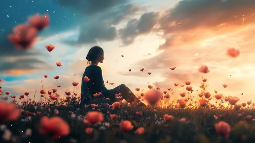 Twilight poppies cradle a lone dreamer between day and night