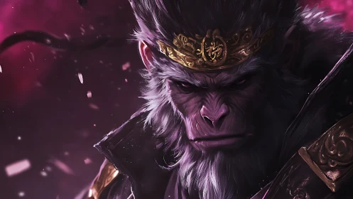 Warrior monkey king portrait in dark purple armor.