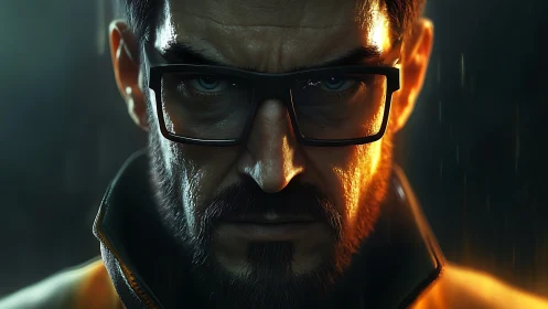 Searing resolve blazes behind cold, rain-specked glasses