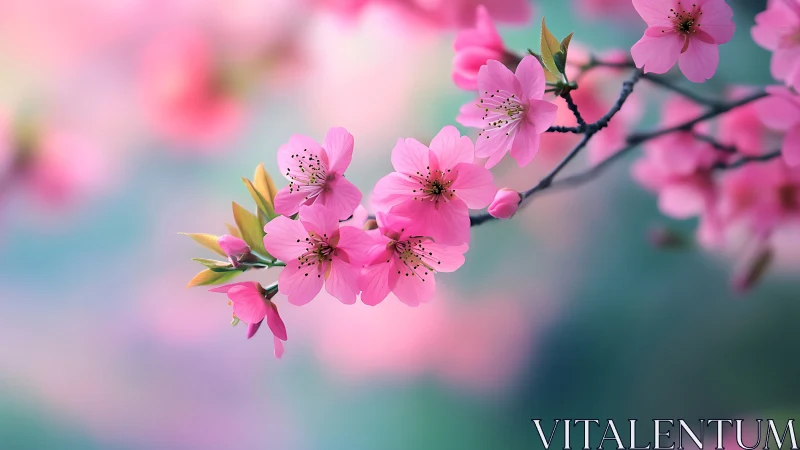 Pink flowering branches displayed against soft teal blurred background