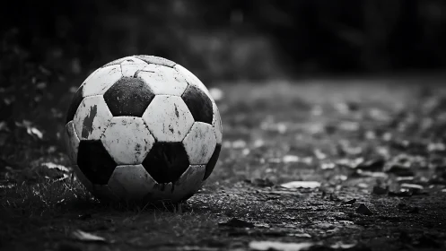 Weathered soccer ball rests quietly on a damp field edge