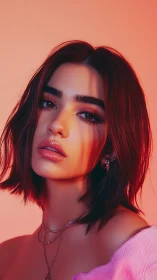 Portrait of young woman in warm pink studio lighting.