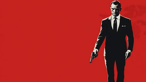 Sharp suited gunman on red background in bold profile.
