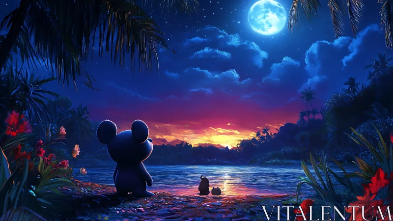 Moonlit tropical lagoon with stylized characters at sunset