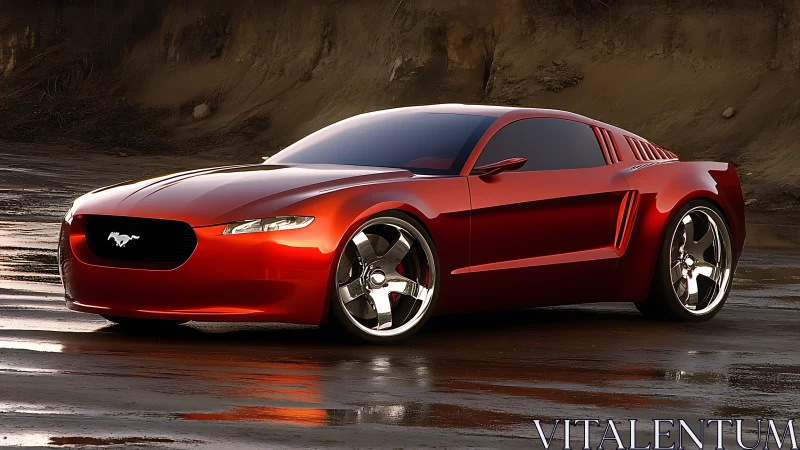 Molten red mustang prototype lounges on rain-polished clay