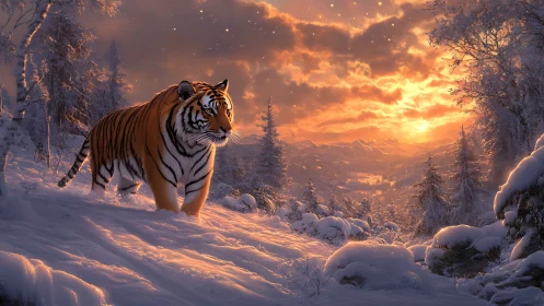 Tiger crossing snowy ridge under blazing winter sunset.