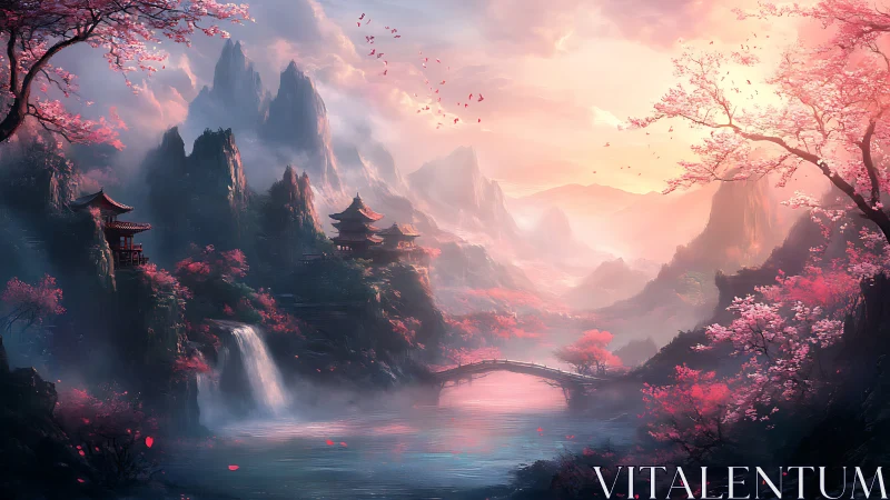 Mystic cherry blossom valley with temples at sunrise