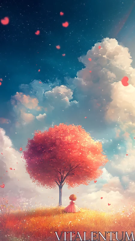 Girl under pink tree on hill with clouds and hearts.