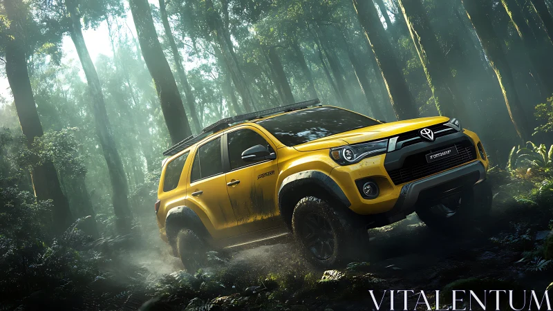 Yellow Toyota SUV driving on muddy forest trail in mist.