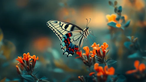 Twilight garden butterfly pausing on ember-bright blossoms.