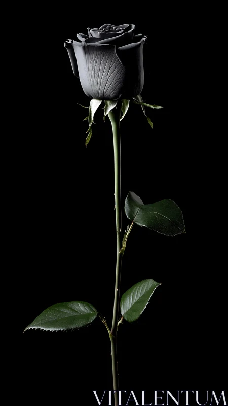 Black Rose with Green Stem and Leaves on Dark Background