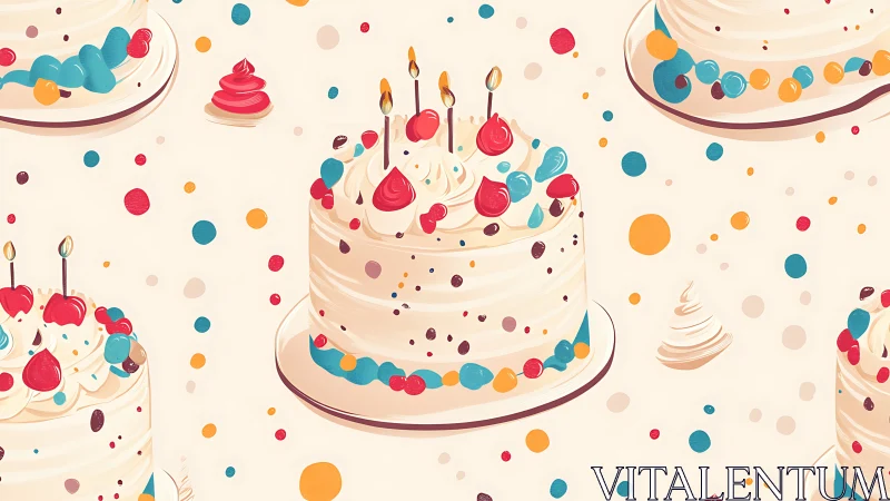 Layered Cake Composition with Candles and Colorful Sphere Decoration Pattern