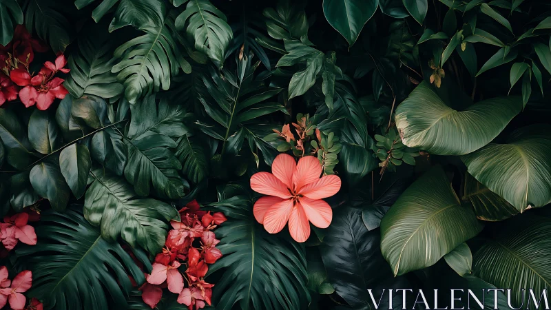Coral hibiscus anchors dense tropical foliage composition