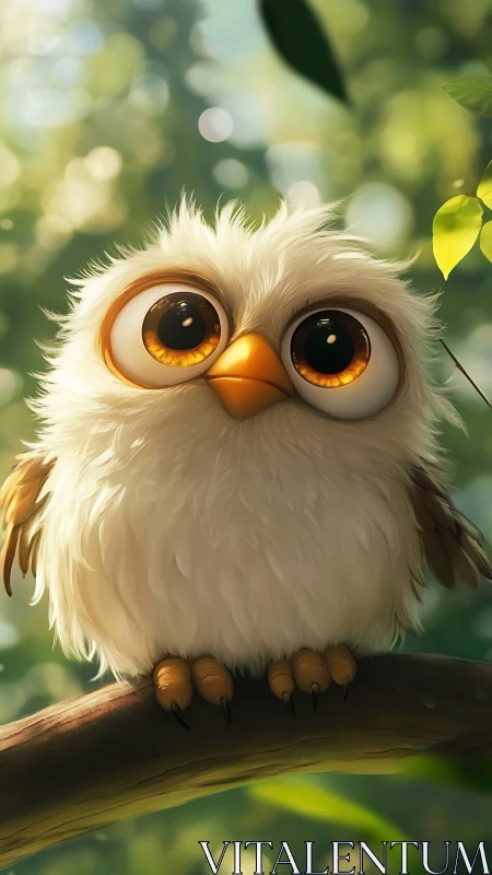 Digital rendering of small white owl on forest branch.