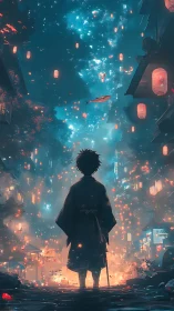 Solitary figure in kimono observes bioluminescent lantern sky