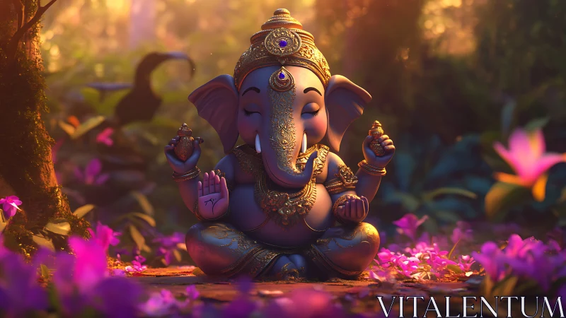 Ganesh idol glows in tranquil lotus forest sunrise