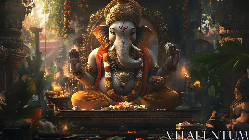 Sacred Ganesha altar glows with incense, flowers, and flame.