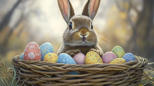 Curious spring bunny nestled in basket of pastel Easter eggs.
